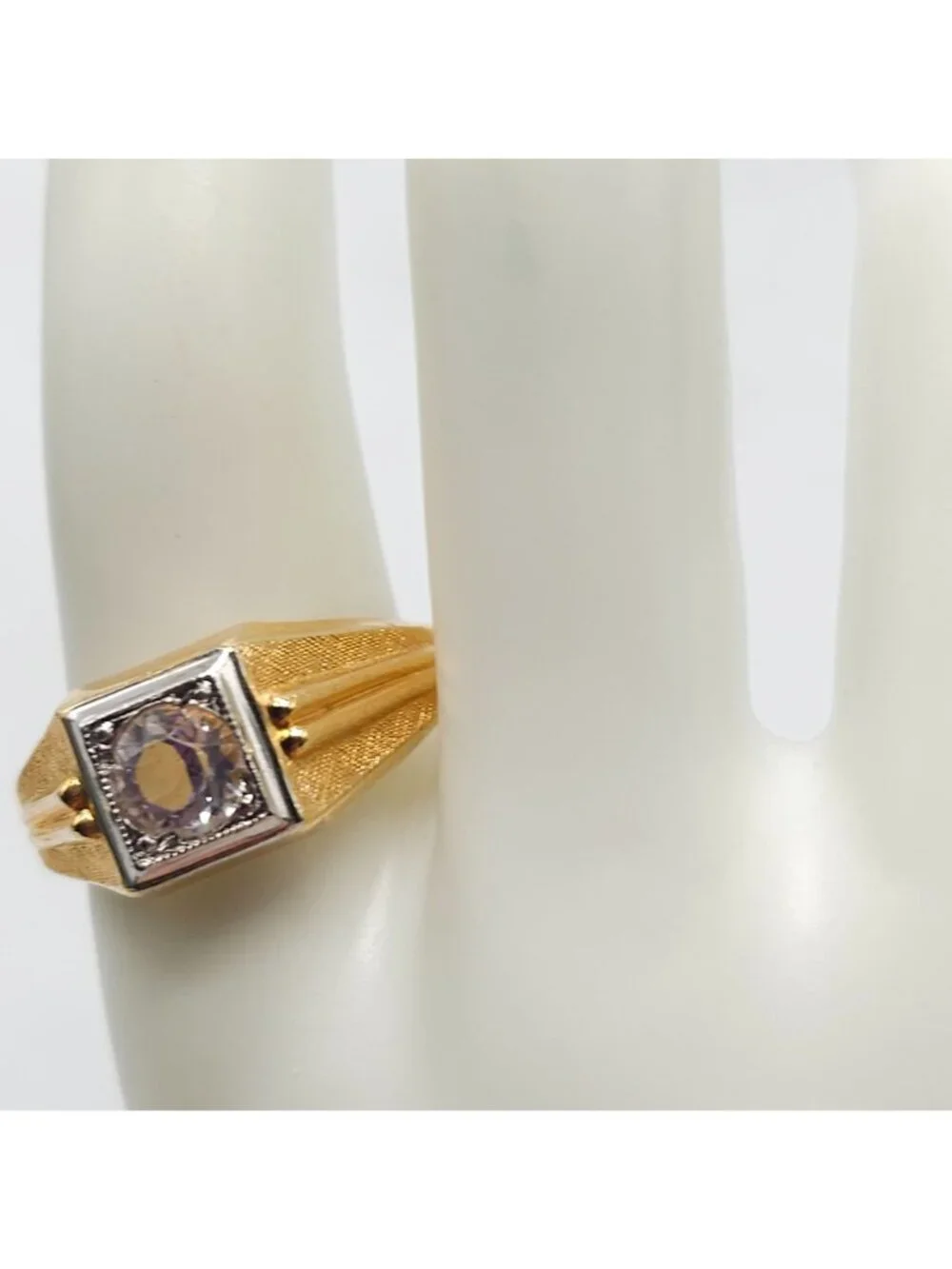 Vintage Karatclad Mens Ring With Clear Stone 18K HGE Marked Size 11.5 Textured